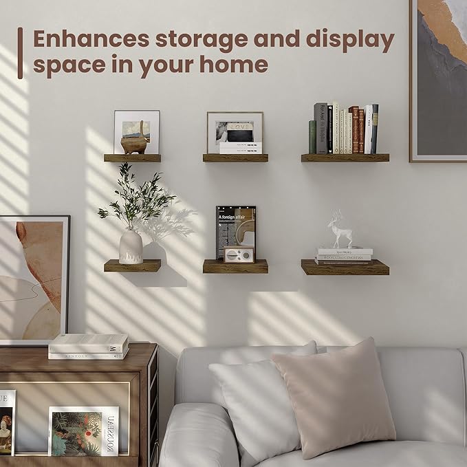 Fun Memories Floating Shelves for Wall - 7.5 Inch Square Shelves with Invisible Brackets, Brown Small Wall Shelf for Living Room, Bathroom, Bedroom, and Kitchen Decor,Set of 4