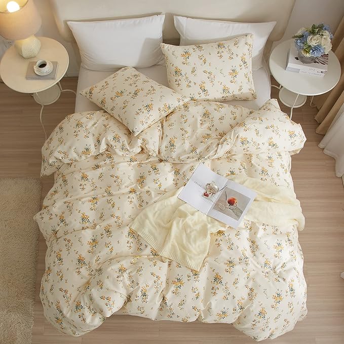 EAVD Fresh Yellow Floral Comforter Set Twin XL White Soft Microfiber Chic Floral Bedding Set 1 Twin XL Comforter and 2 Pillowcases Garden Botanical Comforter Set for All-Season