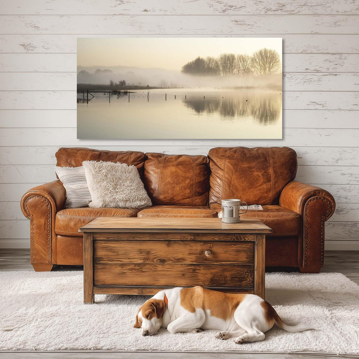TEKMENT Beige Lake landscape Wall Art for Bedroom Canvas Painting Prints Beautiful Woods Morning Mist Fishing Nets Warm Yellow Art Deco Nature Artwork Office Family Decor