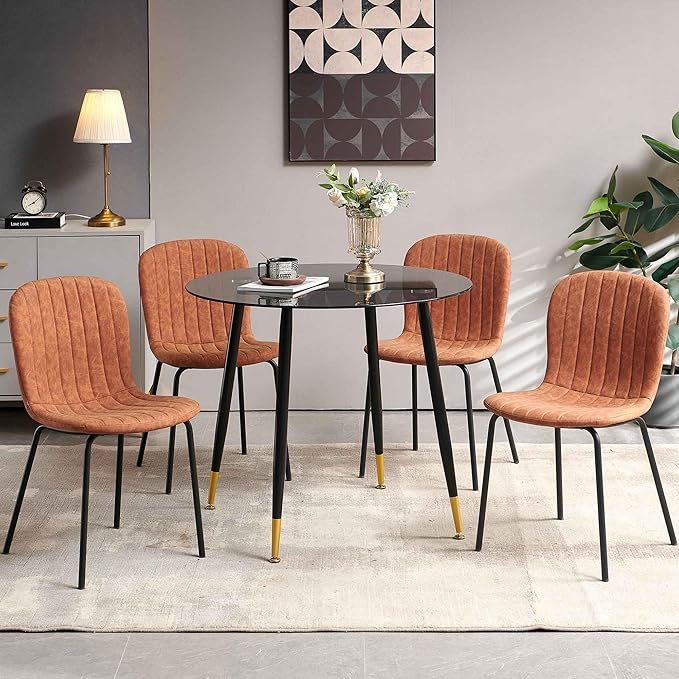 5-Pcs Round Dining Table Set for 4, 35.43" Round Kitchen Table Transparent with 4 Upholstered Home Chairs Space Saving Dining Chairs for Dining Room/Kitchen