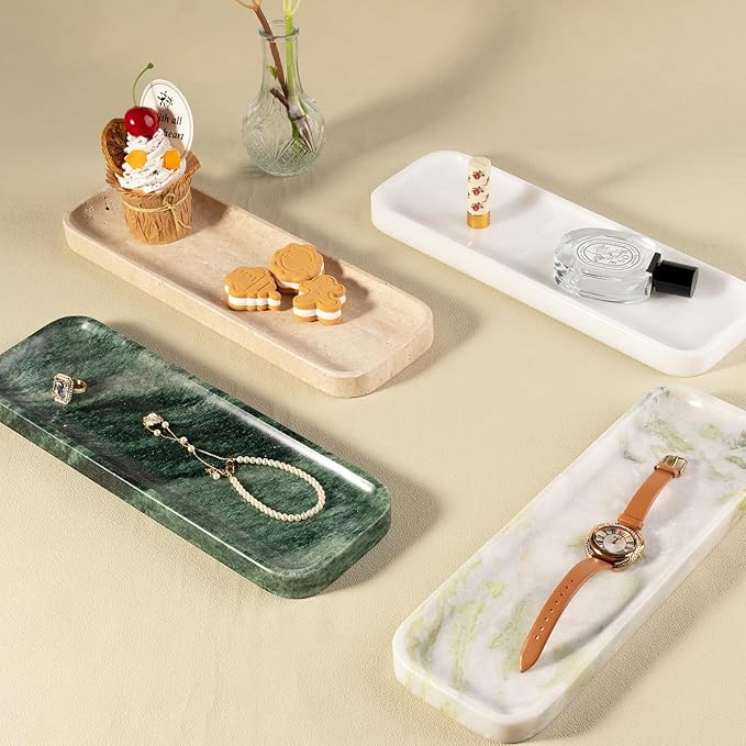 Koville Marble Tray for Bathroom Sink, 12"x4" Natural Stone Vanity Tray for Kitchen Dresser Countertop, Rectangular Decorative Marble Tray for Jewelry Perfume Trinket(White)