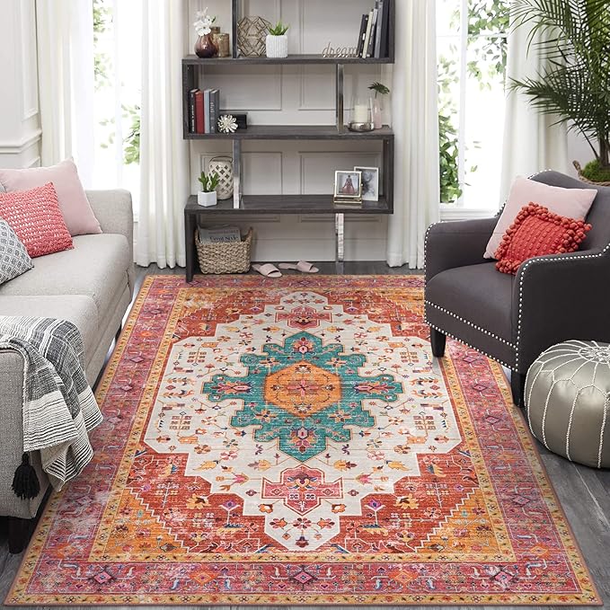 Moynesa Ultra-Thin Pink Area Rug - 9x12 Large Bedroom Rugs for Living Room Non-Slip Non-Shedding Dining Room Mat, Vintage Indoor Floor Carpet for Girls Nursery Playroom Office