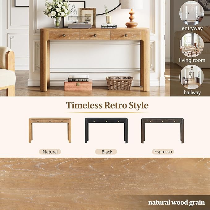 Merax 52" Console Table with 3 Drawers, Rustic Entryway Table with Curved Corners, Narrow Long Sofa Table for Living Room, Hallway, Entrance, Behind Couch, Foyer, Sturdy Thick Legs, Natural