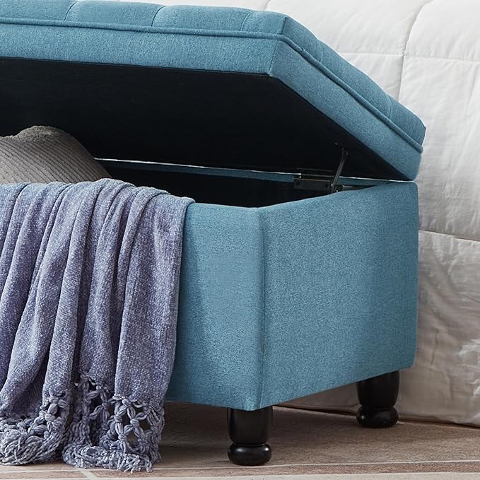 mikibama Bed End Storage Ottoman Bench,Linen Upholstered Storage Benches for Bedroom,Tufted 45" Long Ottoman Bench with Storage for Living Room Entryway Window (Light Blue 45")