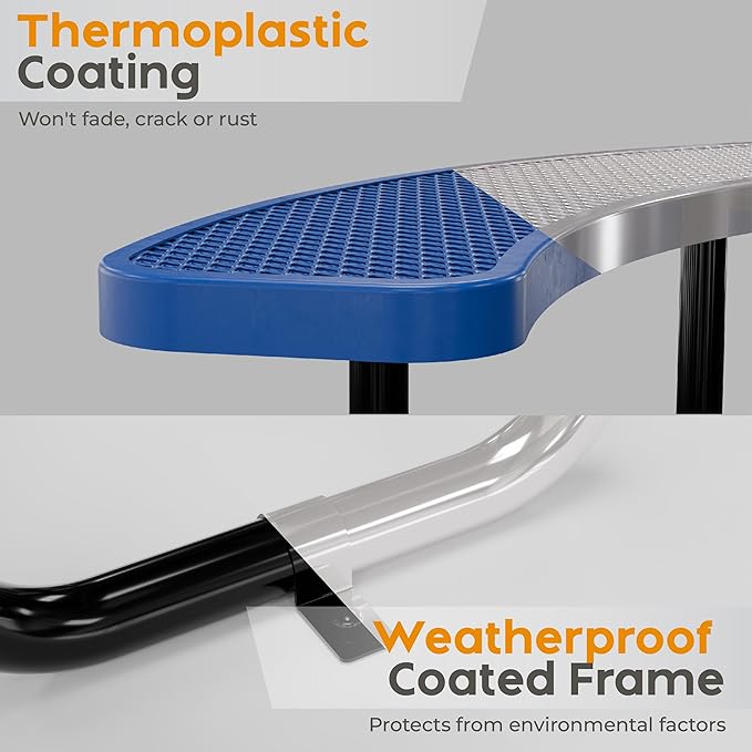 Metal Picnic Tables for Outdoors with Umbrella Hole - Coated Steel Heavy Duty Commercial Grade Furniture Set with Adjustable Seats (Blue, 46 in, Round, Expanded Steel)
