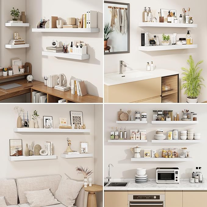 fuqing Floating Shelves for Wall, Wall Mounted Wood Floating Shelf with Invisible Brackets for Living Room, Bathroom, Bedroom, Kitchen Storage and Decor, 30 Inch Set of 2, White