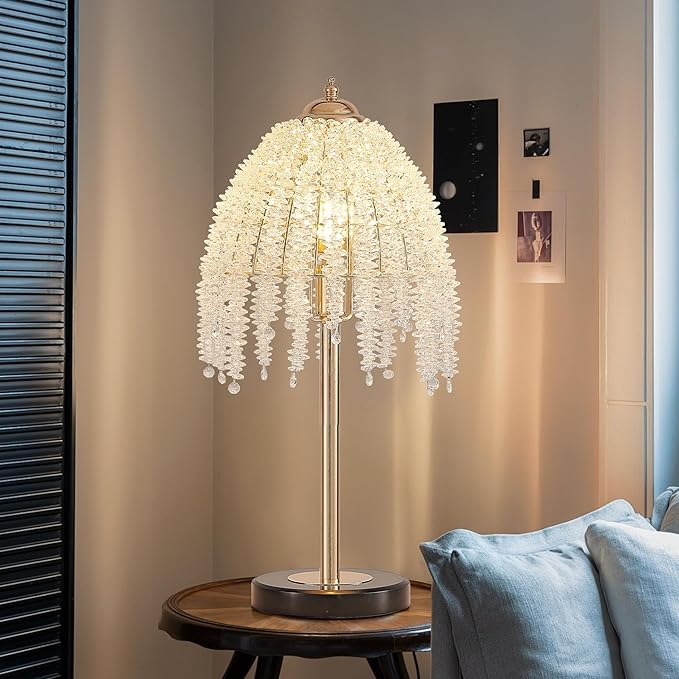 Vintage Style Floor Standing Lamp, Waterfall Design with Grape-Shaped Tall Gold Pole Light, Modern Dimmable Crystals Standing Lamps (Table Lamp-Gold+Iron-6)