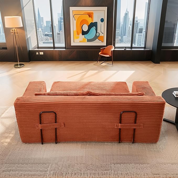 Fefances Loveseat Sofa Bed Boneless Couch, Convertible 2-in-1 Design, Corduroy Fabric - Compact Memory Foam Couch for Small Spaces, Apartments, Home Office & Bedroom(Orange)