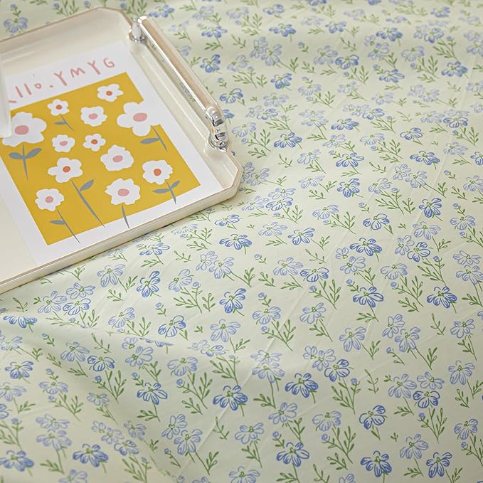 EAVD French Style Garden Floral Ruffled Comforter Set King White Fluffy Soft Microfiber Chic Blue Floral Bedding Set with 2 Pillowcases Fresh Botanical Comforter Set for All-Season