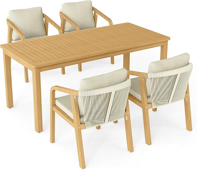 5-Piece Outdoor Dining Set for 4 with 23" Extra Wide Chair and Cushion,Patio Table and Chairs Set with All Acacia Wood Frame, All-Weather Outdoor Patio Furniture Set for Garden Lawn, Beige