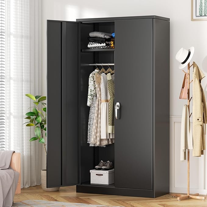 INTERGREAT Metal Wardrobe Closet, 72" Black Locking Storage Wardrobe Cabinet with Locking Doors and Adjustable Shelves, 18" D x 36" W Tall Steel Clothes Storage for Office, Home, School, Gym