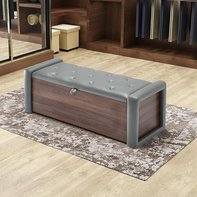 48" Large Storage Ottoman Bench, Faux Leather Upholstered Bed Bench with Button Tufted, End of Bed Ottoman with Safety Hinge for Bedroom, Living Room, Window,or Entryway, Olive Gray Shoe Storage Chest
