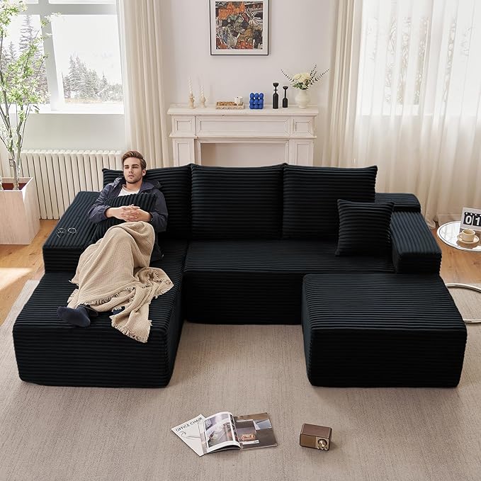 107" L-Shape Sofa with Ottoman, Modern Modular Sectional Comfy U-Shape Cloud Couch, Deep Seat, Upholstered Corduroy Sleeper Chaise Longue for Living Room Bedroom, No Assembly Required, Black