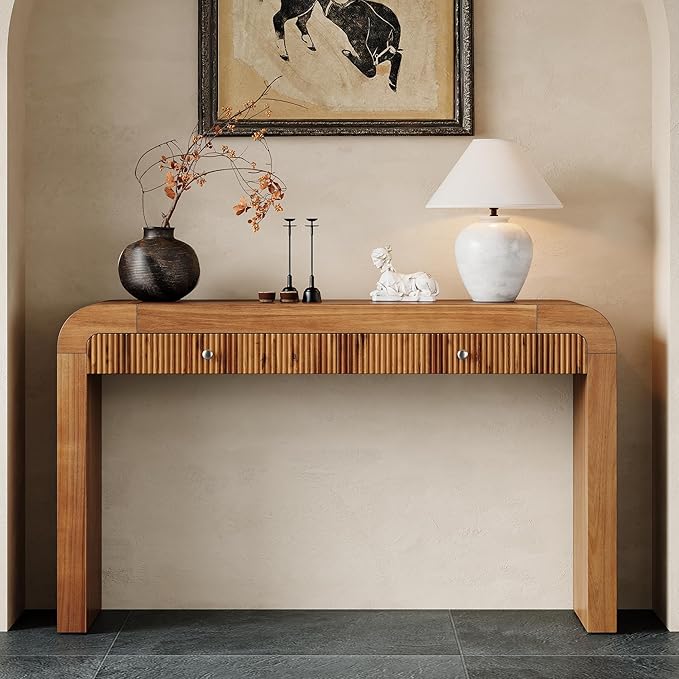 Merax Rustic Console Table with Fluted Drawer Front, Entryway Table with Curved Corners & Thick Legs, Sturdy Sofa Table for Hallway & Living Room, Brown