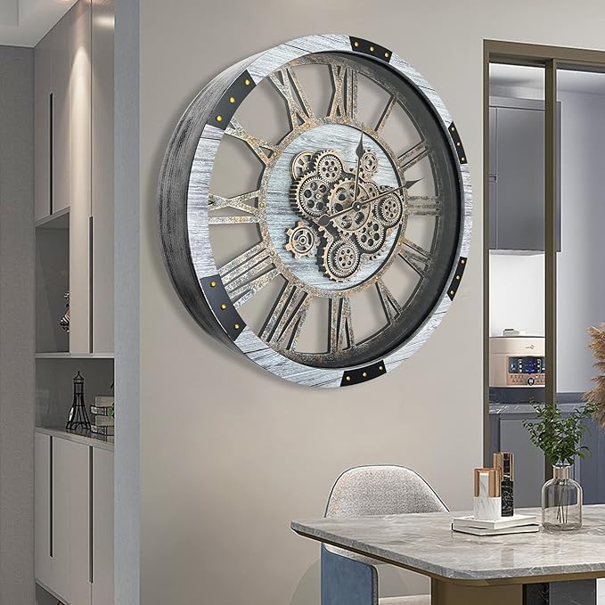 DORBOKER 27" Original Moving Gears Wall Clock, Large Industrial Wall Clock for Living Room Decor, Retro Metal Solid Wood Vintage Farmhouse Steampunk Rustic Clocks for Wall Decor,Silver Grey