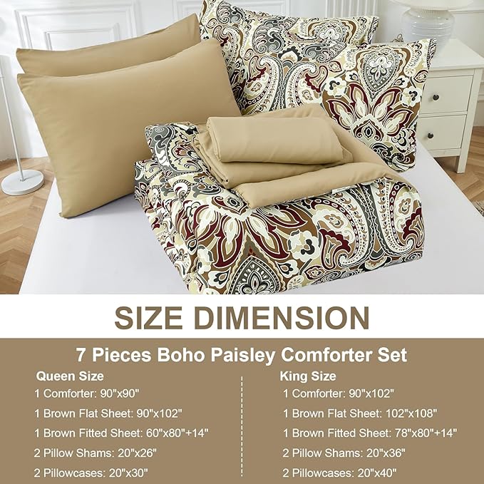 Boho Comforter Set King, 7 Pieces Bed in a Bag Comforter Boho Paisley Pattern Bedding Set Soft Microfiber King Size (1 Khaki Comforter, 1 Flat Sheet, 1 Fitted Sheet, 2 Pillow shams, 2 Pillowcases)