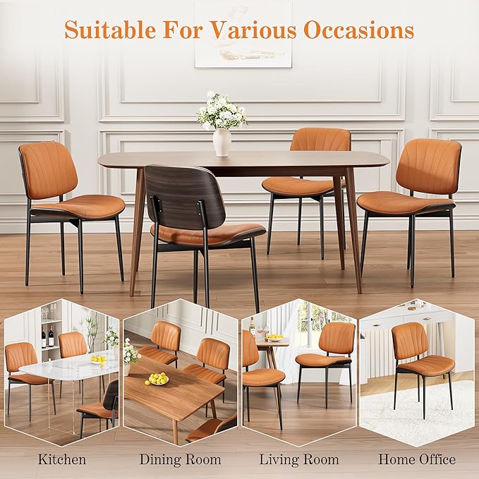 Dining Chairs Set of 2, Mid-Century Modern Upholstered PU Leather Chairs with Walnut Back and Metal Legs Adjustable Feet for Kitchen Dining Room, Orange Shell Strips