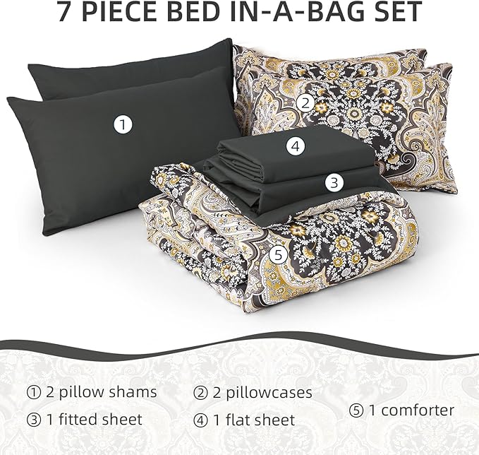 Drucon Boho Paisley Comforter Set Queen Size, 7 Pieces Bed in a Bag Black Gold Comforter Set, Soft Lightweight Bedding Set (1 Comforter, 1 Flat Sheet, 1 Fitted Sheet, 2 Pillow Shams, 2 Pillowcases)