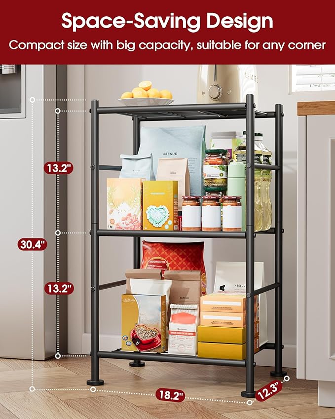 3-Pack Storage Shelves - 3-Tier Metal Wire Shelf Organizer, Slim Shelf Rack with Adjustable Feet for Laundry Room, Kitchen, Garage Organization, 18.2" x 12.3" x 30.4", Black