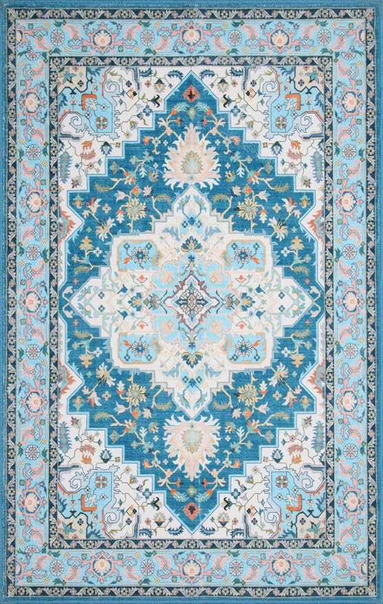 WILLSUN Washable Area Rugs, 2x6 Non-Slip Boho Area Rugs for Kitchen, Living Room, Bedroom, Machine Washable Vintage Rug, Indoor Floral Print Carpet for Home Decor, Kid & Pet Friendly Mat