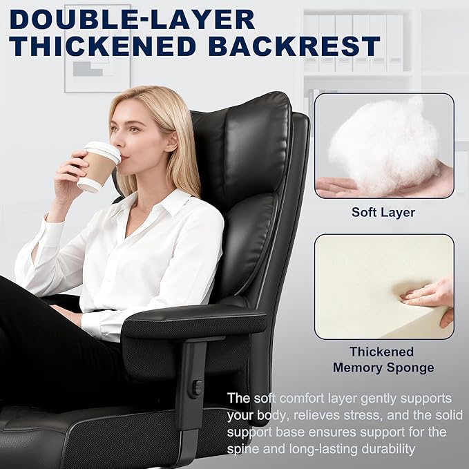 Misolant Big and Tall Office Chair with Footrest, High Back Executive Desk Chair with Adjustable Lift Armrest, 155°Recline,Lumbar Support Pillow, Faux Leather Gaming Chairs for Home or Office Black