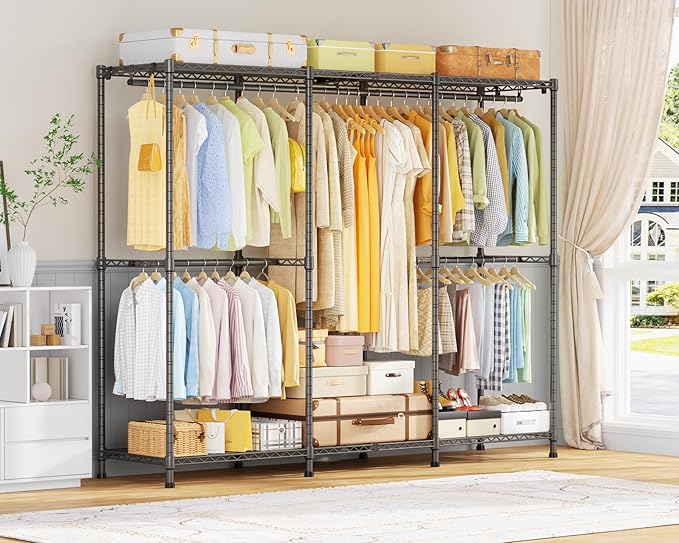 E14 Heavy Duty Clothes Rack,Freestanding Clothing Racks for Hanging Clothes,Adjustable Closet Organizers and Storage,Metal Garment Rack with Shelves 69" W x16 D x77 H,Max Load 960LBS,Grey