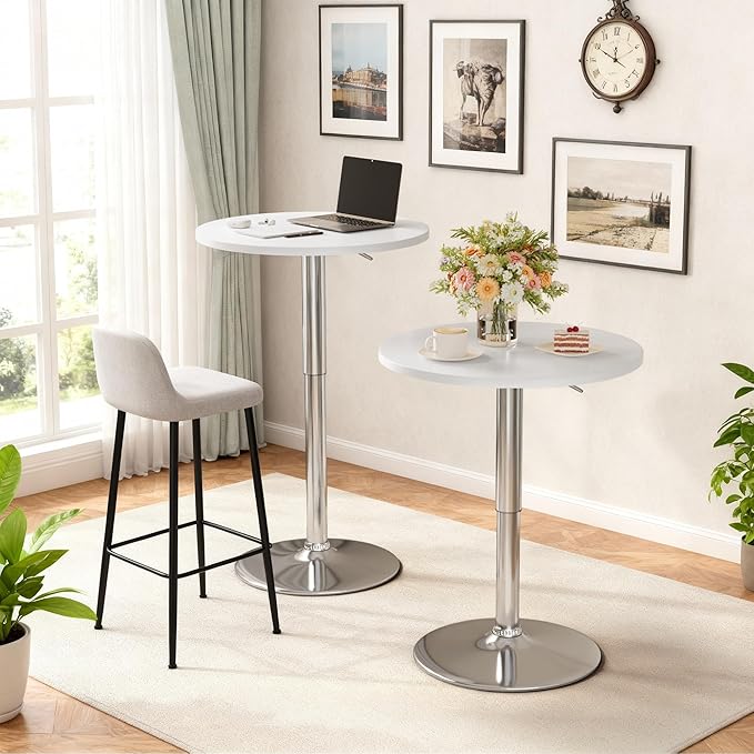 Shahoo Round Bar Table, Adjustable Height and 360° Swivel Bistro Pub Table, Cooktail Table for Bar, Bistro, Dining Room, White with Silver Base