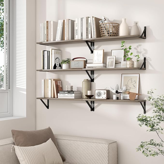 Axeman Floating Shelves for Wall 32 Inch | 31.5W x 8D Rustic Grey Wood Floating Shelves Set of 2 | 8" Deep Long Wall Shelves for Bathroom Kitchen Living Room | Bookshelf Display Shelves