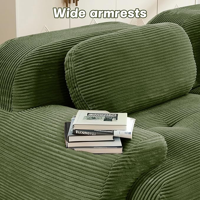 116" Modern Compressed Boneless Couch with Ottoman, 3 Seater Large L Shaped Sectional Couches for Living Room, Green Corduroy Cloud Modular Sectional Sofa, Memory Foam, Extra Deep, No Assembly