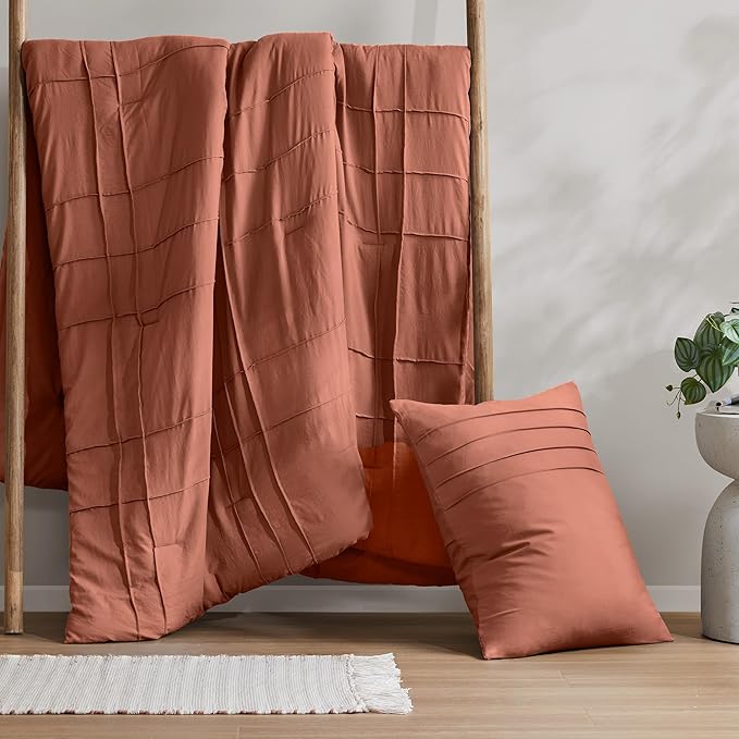 Comfort Spaces Clay Twin Size Comforter Set - 2 Pieces Pintuck Pleated Bedding Sets, All Season Lightweight, Extra Softness Pre-Washed Microfiber Twin Bed Set, Shams, Twin