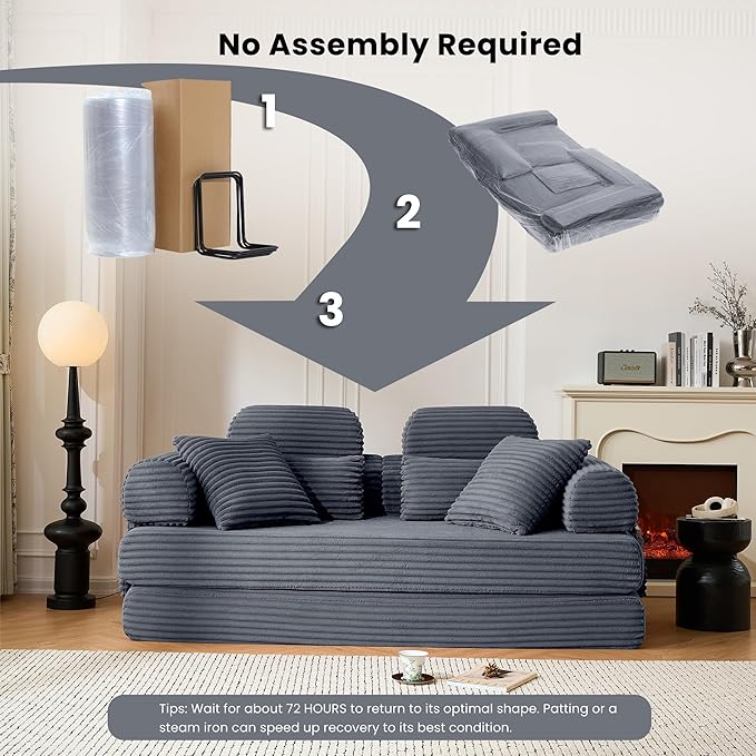 Convertible Sofa Bed,79'' Foldable Sleeper Lounge Modular Couch Comfort Compression Sofa Loveseat for Small Spaces Comfort for Apartment Bedroom (Corduroy Fabric, Dark Grey1)