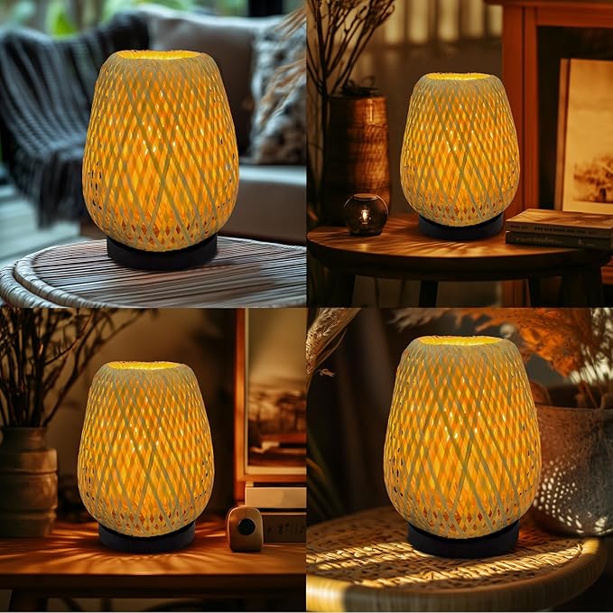 Boho Woven Nightstand Table Lamp - Bamboo 3 Color Temperature Handmade Lamp for Bedroom, Living Room