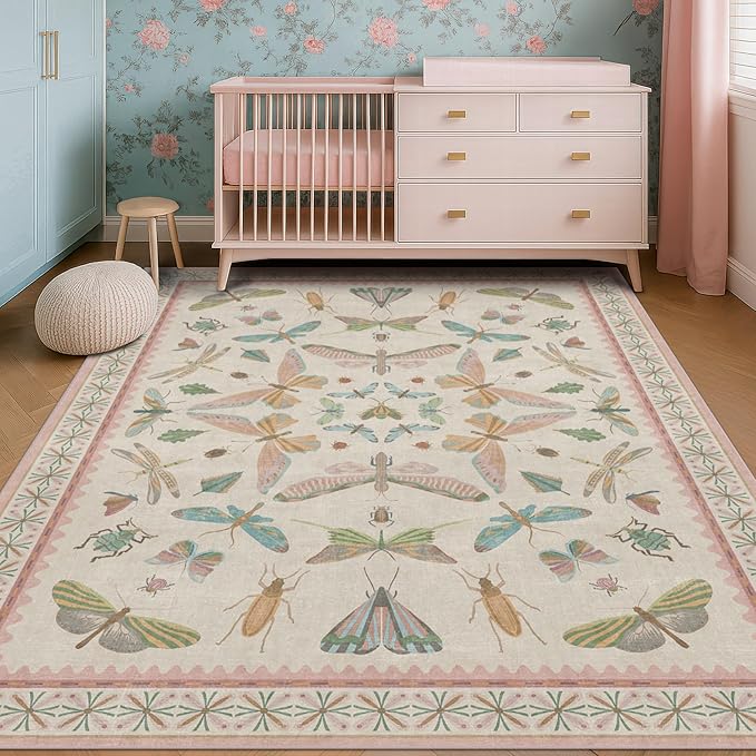 Floral Pink Rugs for Bedroom Girls 6x9 - Insect Print Cute Girly Rug for Living Room, Dining Room Under Kitchen Table, Washable Low Pile Vintage Bug Art Nouveau Home Decor