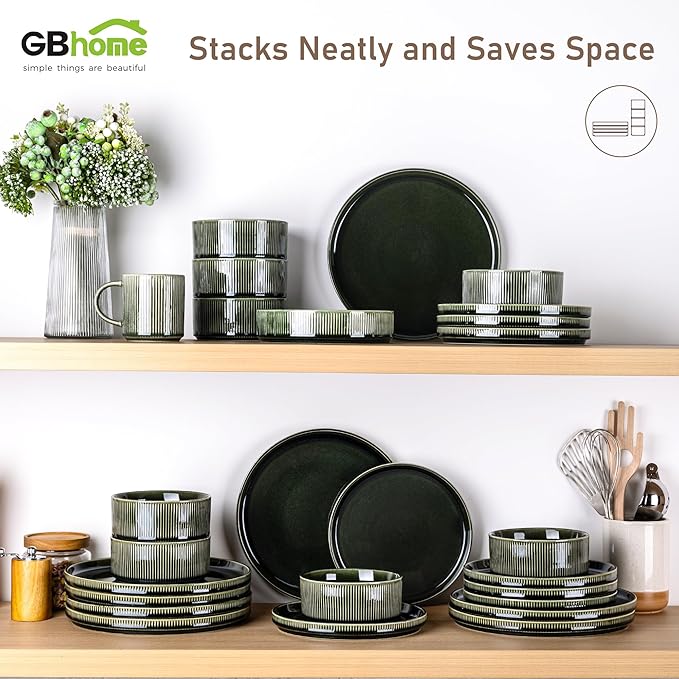 GBHOME Stoneware Dinnerware Sets for 4,Round Reactive Glaze Ceramic Plates and Bowls Set,Highly Scratch Resistant | Dishwasher & Microwave Safe Dishes Set,Service for 4(12Pcs),Earth Green