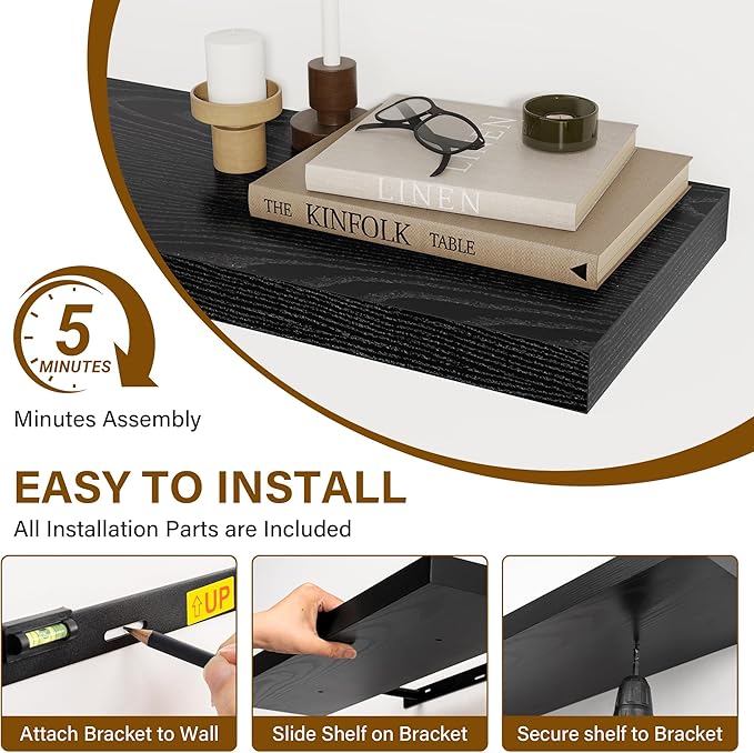 Black Floating Shelves for Wall, 27.5 Inch Bathroom Shelves Set of 2, Rustic Wood Wall Shelf with Invisible Brackets for Books|Storage|Decor, 8 Inch Deep Floating Shelf for Bedroom|Kitchen