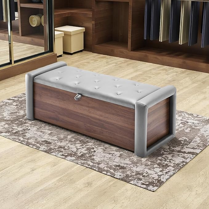48" Large Storage Ottoman Bench, Faux Leather Upholstered Bed Bench with Button Tufted, End of Bed Ottoman with Safety Hinge for Bedroom, Living Room, Window,or Entryway, Drak Grey Shoe Storage Chest