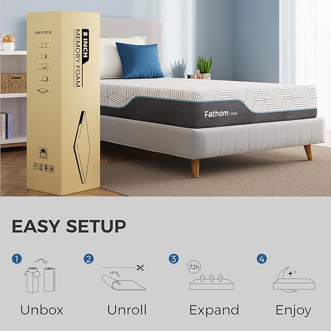 FATHOM Firm Queen Mattress 10 Inch Memory Foam Mattress Queen Size Bed in a Box for Back Pain Relief and Cool Sleep with Gel Foam and Removeable Fiberglass Free Cover, CertiPUR-US Certified