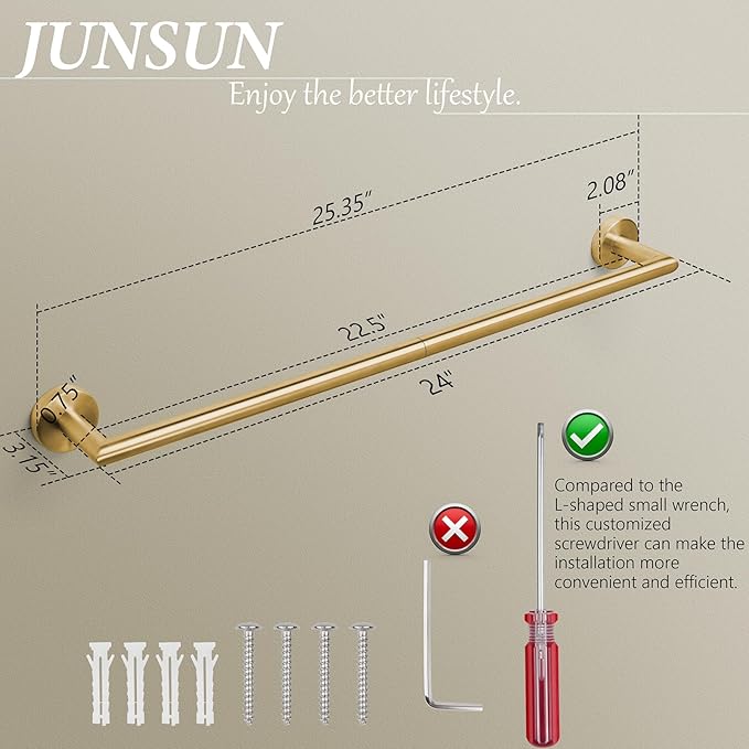 Bathroom Towel Bar 24 Inch Towel Rack Wall Mount Bath Towel Holder Modern Towel Rod Gold Bath Towel Hanger Stainless Steel Brushed Brass Bathroom Accessories Towel Rail Single Towel Bars Brushed Gold