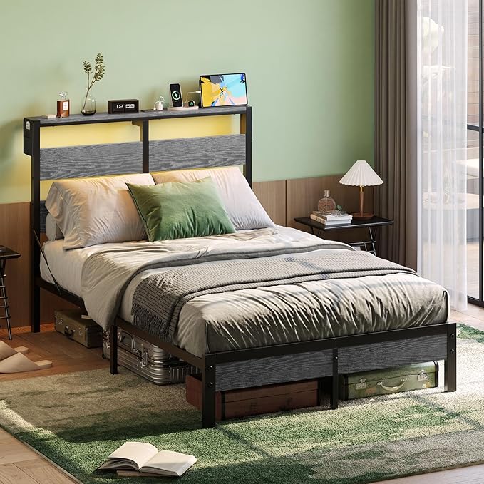 Bestier Full Bed Frame with Headboard Storage and Charging Station, Platform Bed Frame with LED Lights, Non-Slip Metal Bed Frame Full Size, Noise-Free, Easy Assembly, Grey