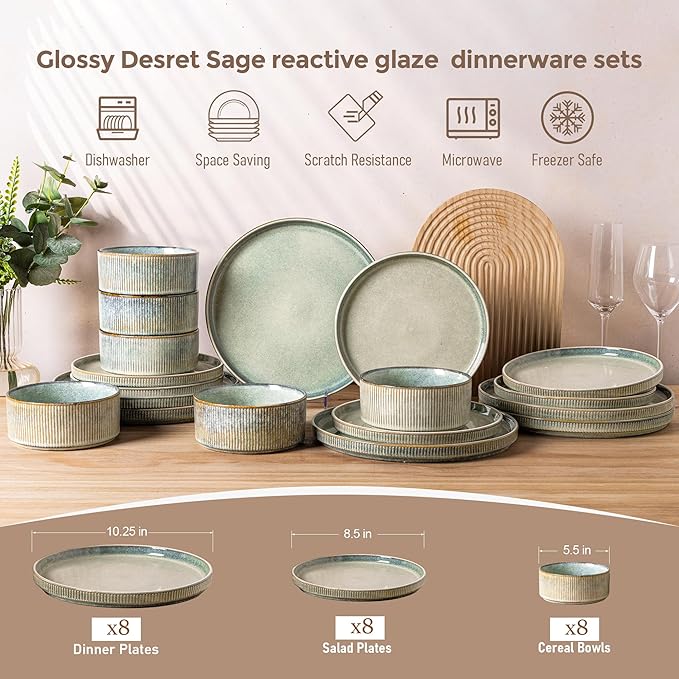 GBHOME Stoneware Dinnerware Sets for 8,Round Reactive Glaze Ceramic Plates and Bowls Set,Highly Scratch Resistant | Dishwasher & Microwave Safe Dishes Set,Service for 8(24Pcs),Desert Sage