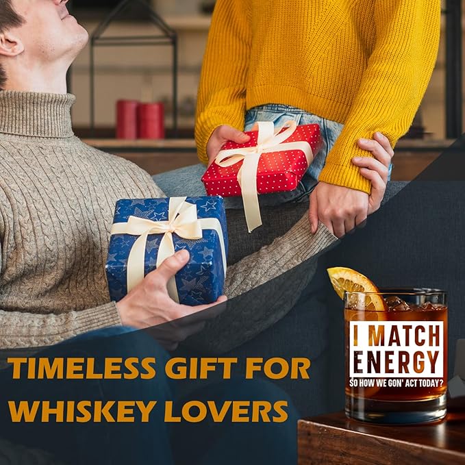 Funny Sarcastic Snarky Gifts Old Fashioned Whiskey Glasses, Positive Energy Gifts, I Match Energy So How We Gon' Act Today 10 oz Rocks Barware Cup for Cocktail Drinks Scotch Bourbon Liquor