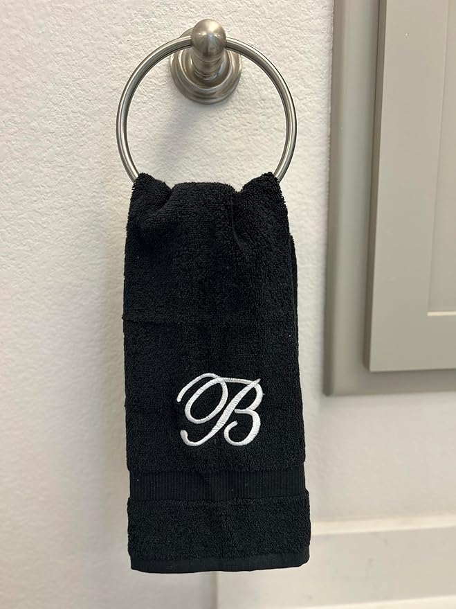Black Monogrammed Hand Towels for Bathroom - Luxury Hotel Quality Personalized Initial Embroidered Towel for Powder Room, Spa - GOTS Organic Certified - Set of 2 White Letter S