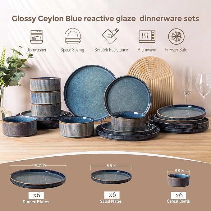 GBHOME Stoneware Dinnerware Sets for 6,Round Reactive Glaze Ceramic Plates and Bowls Set,Highly Scratch Resistant | Dishwasher & Microwave Safe Dishes Set,Service for 6(18Pcs),Ceylon Blue