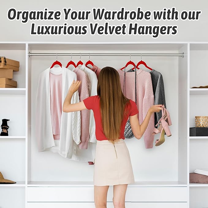 Velvet Hangers 50 Pack ā Slim Non-Slip Flocked Hangers with 360° Swivel Hook, Space-Saving Closet Organizer for Dresses, Blouses, Coats(Red)