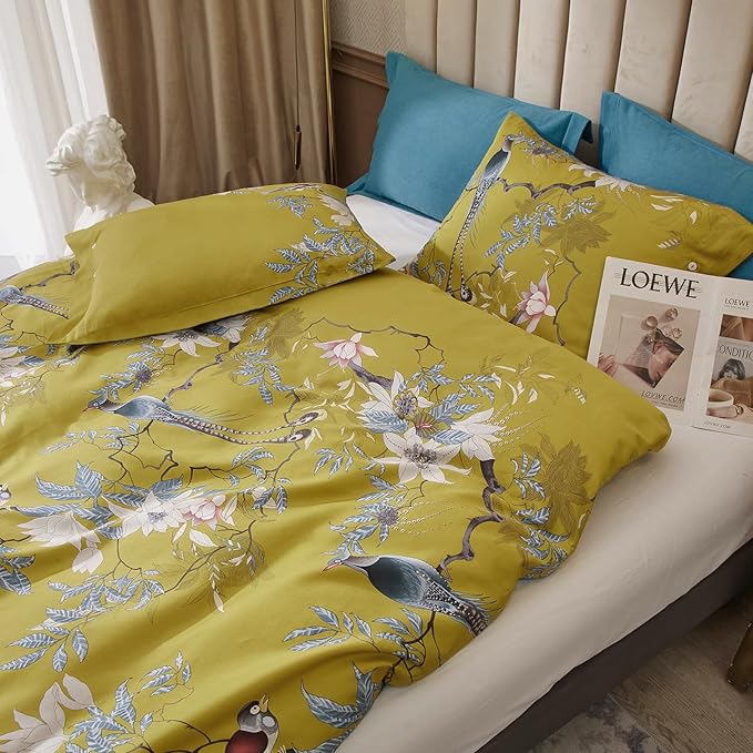 EAVD Garden Floral Full Comforter Set for Girls Fluffy Microfiber Chic Botanical Cute Birds on Yellow Bedding Comforter Set 1 Floral Comforter with 2 Pillowcases for All-Season
