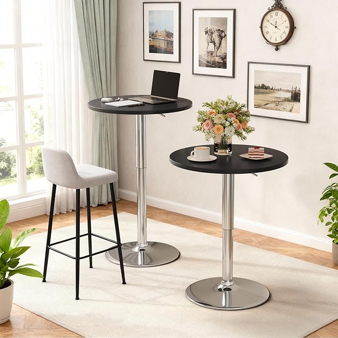 Shahoo Round Bar Table, Adjustable Height and 360° Swivel Bistro Pub Table, Cooktail Table for Bar, Bistro, Dining Room, Black with Silver Base