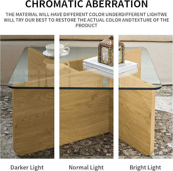 LKTART 31.5" Glass Coffee Table, MDF Mid-Century Modern Square Coffee Table with Tempered Glass Top, Square Center Tables for Small Space Living Room Office Apartment, Wood