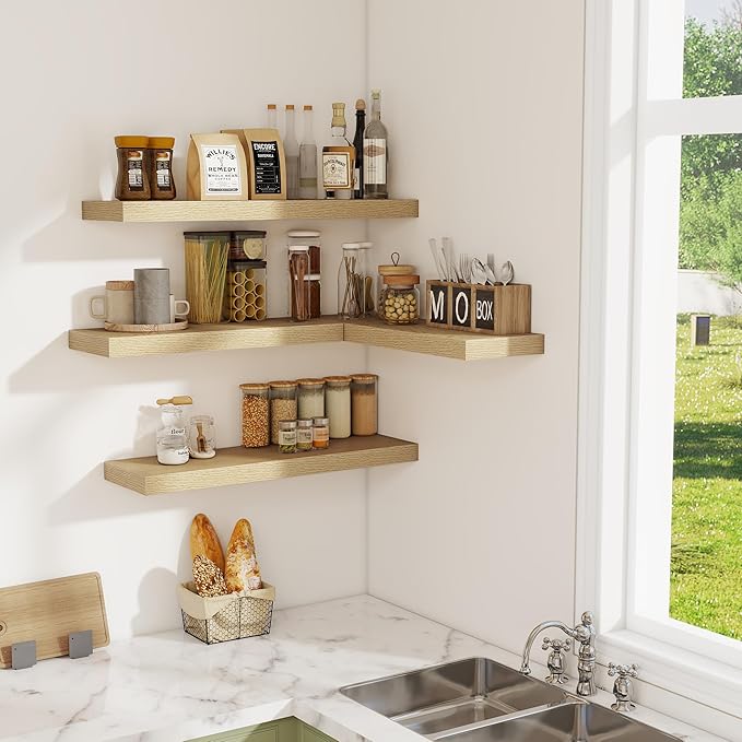Floating Shelves for Wall, 24 Inch Floating Shelves Set of 2, Wall Mounted Rustic Wood Shelf for Bathroom, Living Room, Bedroom and Kitchen, Hanging Shelf for Storage, Books, Home Decor, Oak