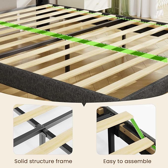 LED King Size Bed Frame with 2 Storage Drawers, Upholstered King Bed Frame with Headboard and Charging Station, No Box Spring Needed, Easy to Assembly-Dark Grey