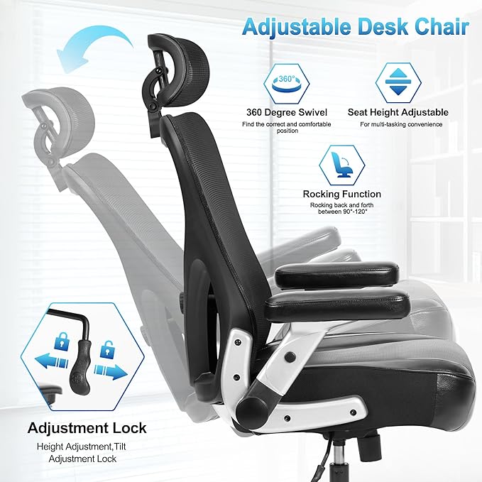 Big and Tall Office Chair 600lbs- Heavy Duty Executive Computer Chair with Rubber Wheels 3D Flip Arms, Ergonomic Mesh High Back Desk Chair, Extra Wide Seat Adjustable Lumbar Support & Headrest